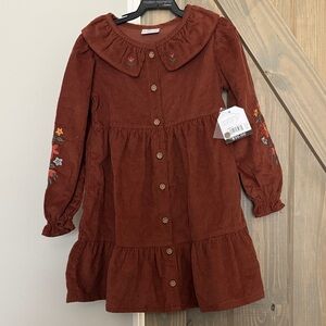 Charming Kids Brown Corduroy Dress with Floral Embroidery